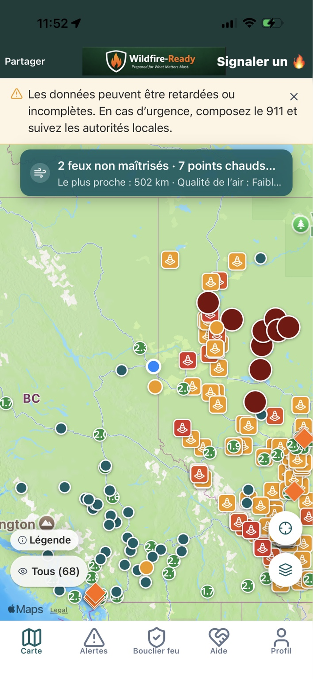 Carte WildFire-Ready avec feux actifs, points chauds, qualité de l’air en C.-B. et en Alberta