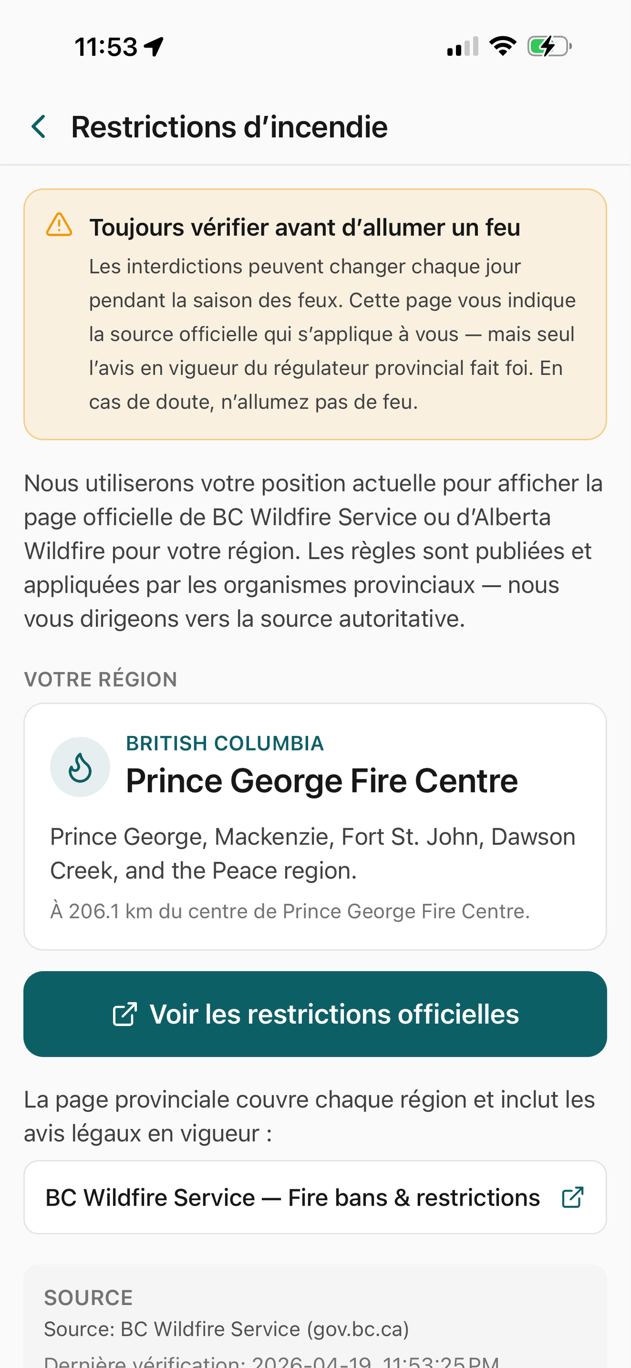 Restrictions de feu actuelles pour la région de l’utilisateur