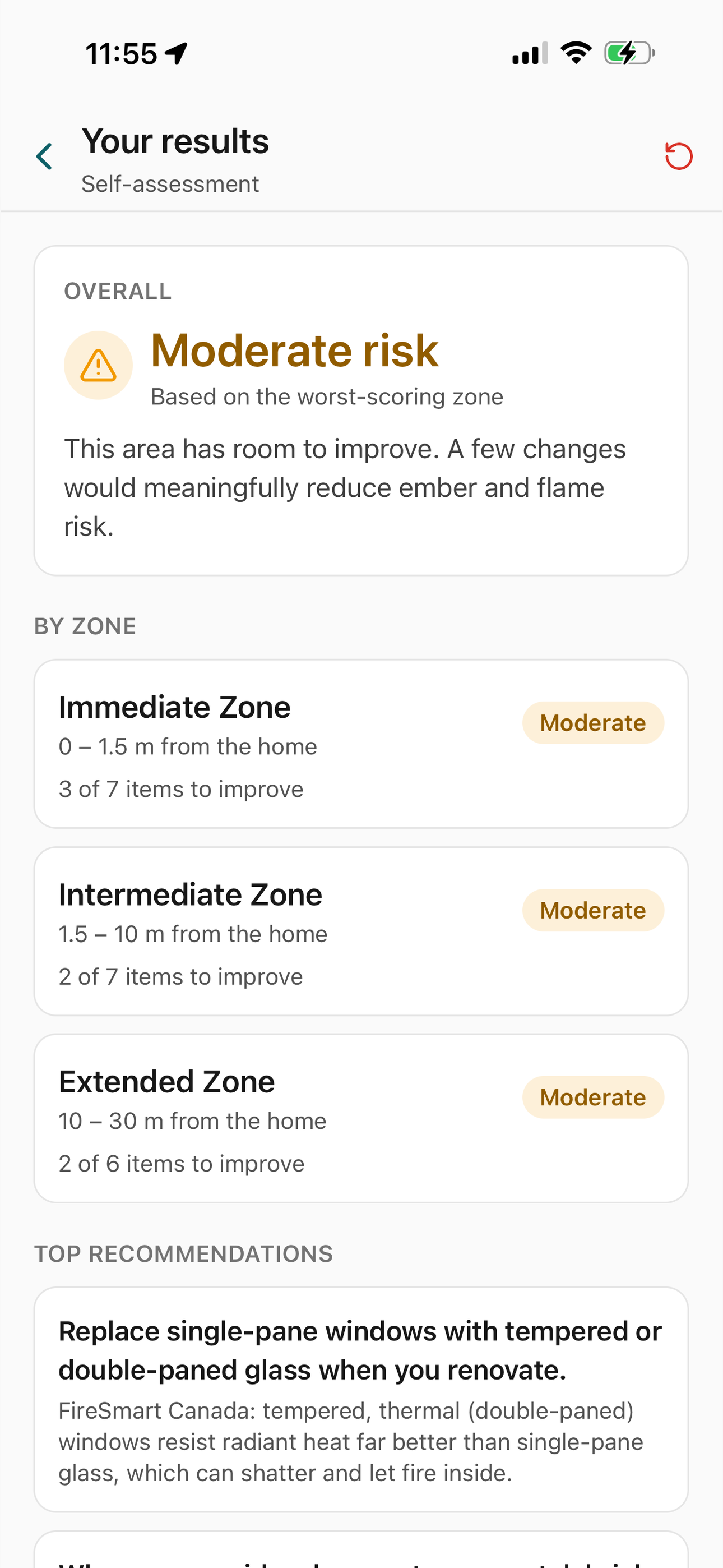 Home Ignition Zone self-assessment results screen